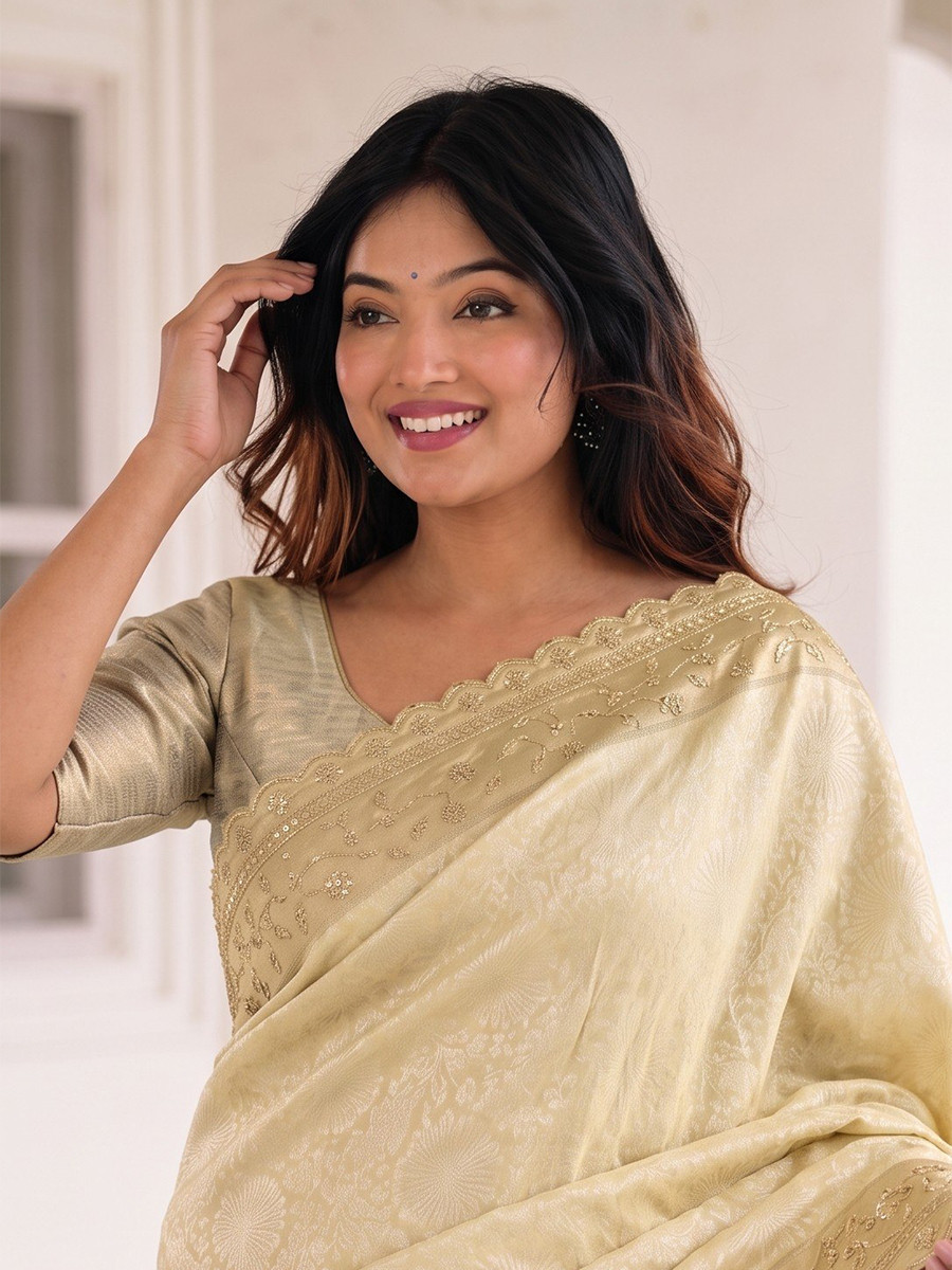 Cream Pure Kanjivarm Silk Embroidery Wedding Reception Party Festival Casual Heavy Border Sarees