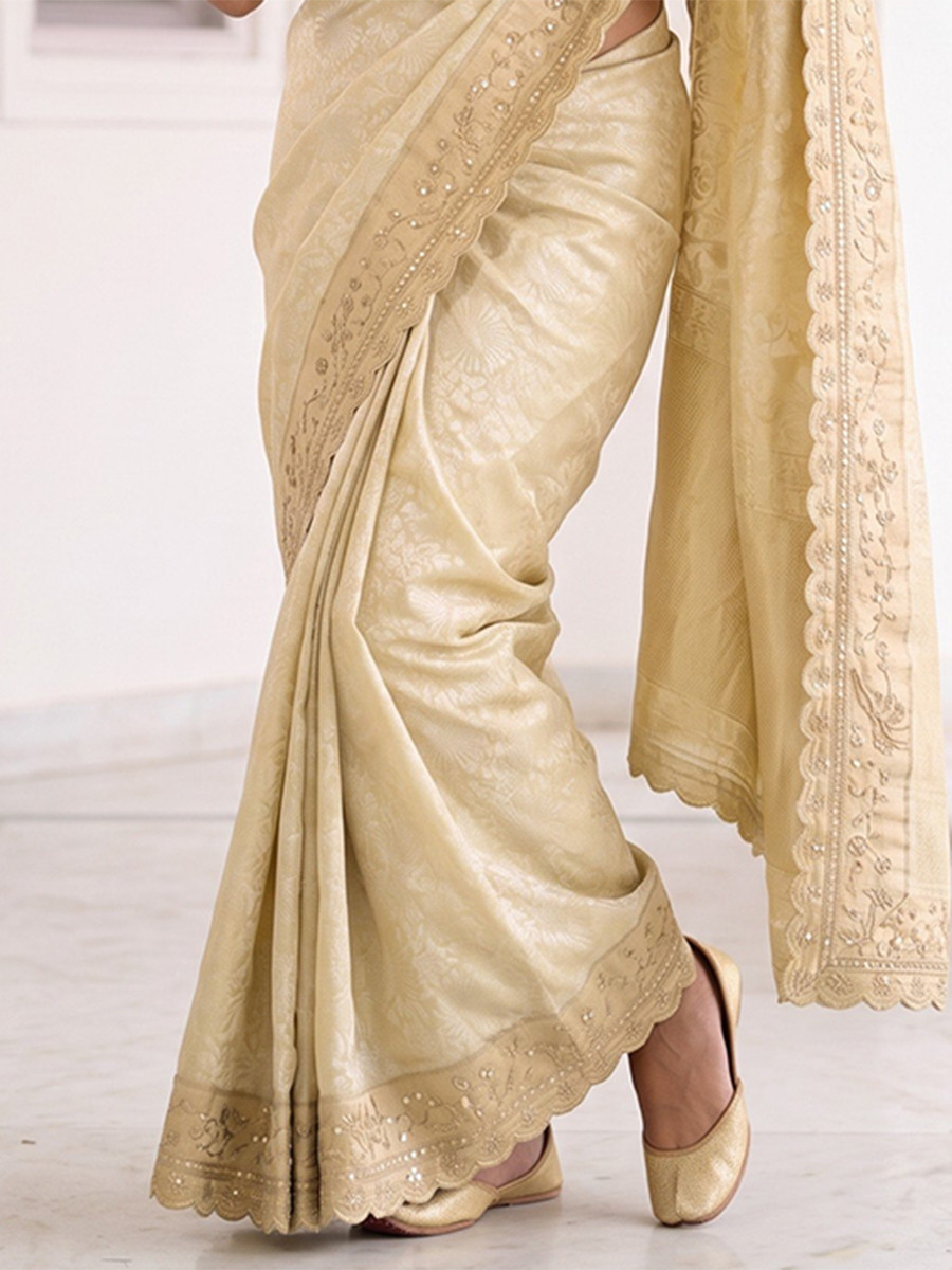 Cream Pure Kanjivarm Silk Embroidery Wedding Reception Party Festival Casual Heavy Border Sarees