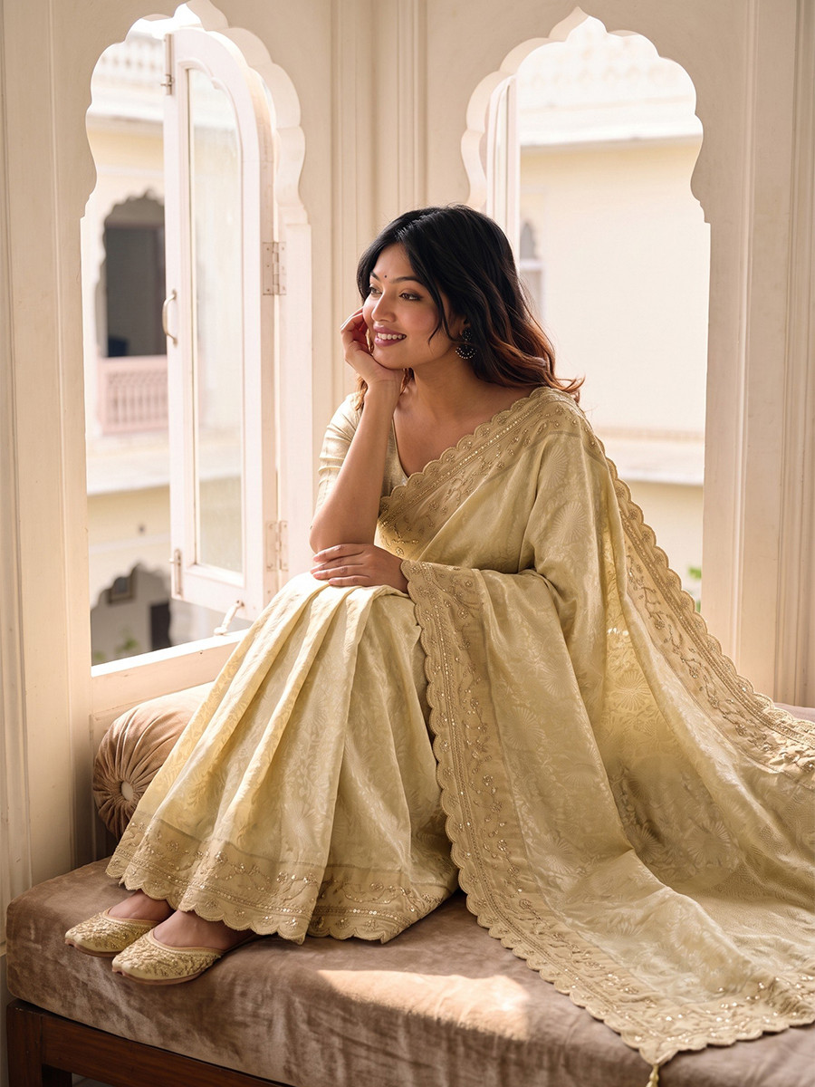Cream Pure Kanjivarm Silk Embroidery Wedding Reception Party Festival Casual Heavy Border Sarees