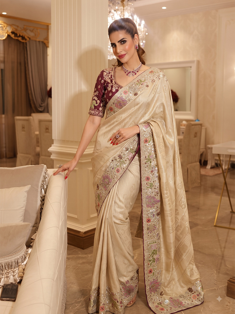 Cream Pure Kanjivarm Silk Embroidery Wedding Reception Party Festival Casual Heavy Border Sarees
