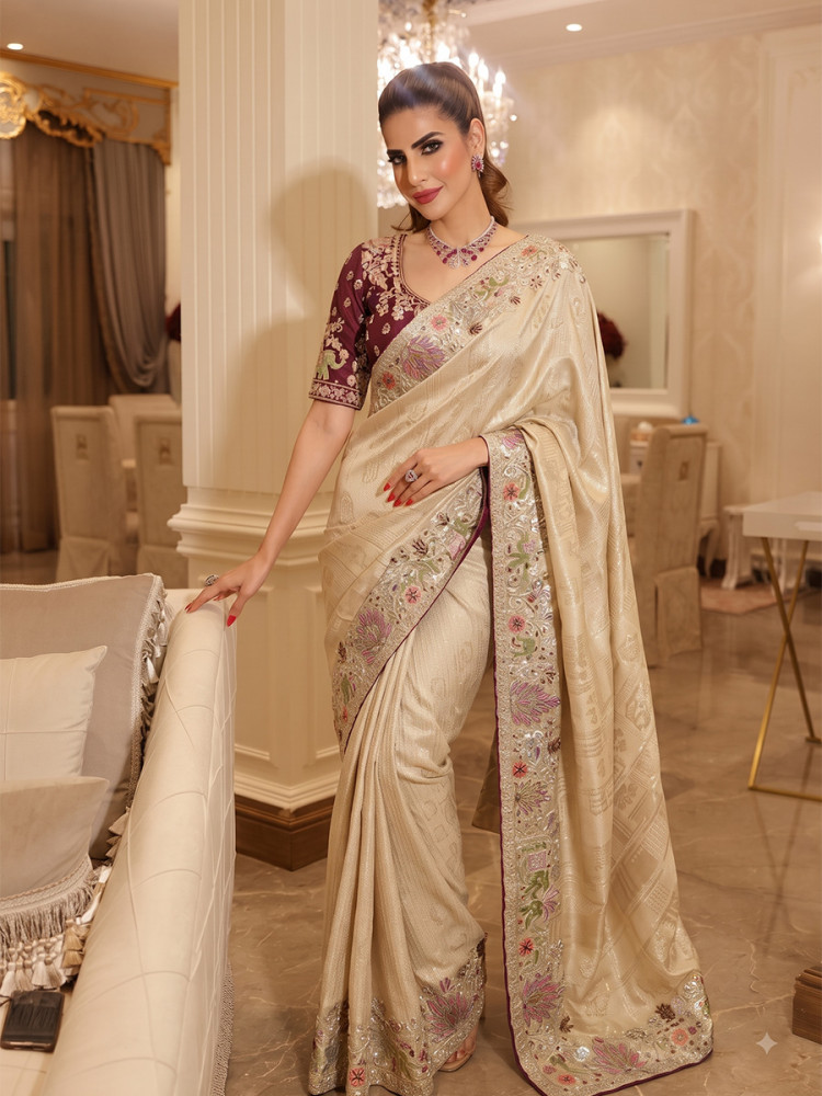 Image of Cream Pure Kanjivarm Silk Embroidery Wedding Reception Party Festival Casual Heavy Border Sarees