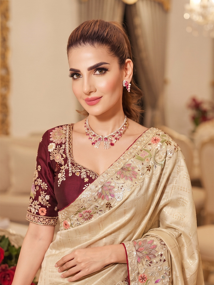 Cream Pure Kanjivarm Silk Embroidery Wedding Reception Party Festival Casual Heavy Border Sarees
