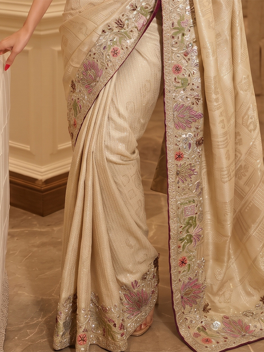 Cream Pure Kanjivarm Silk Embroidery Wedding Reception Party Festival Casual Heavy Border Sarees