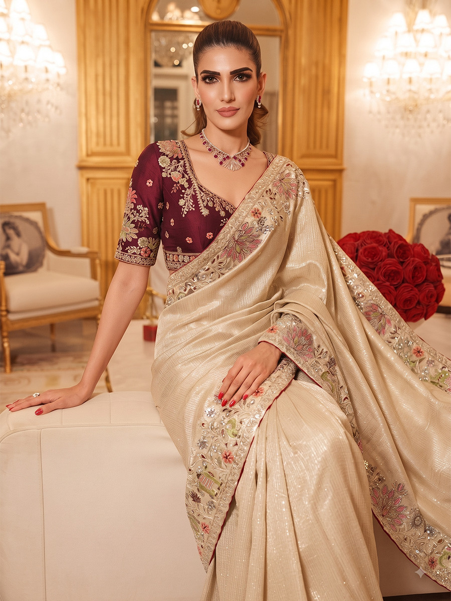 Cream Pure Kanjivarm Silk Embroidery Wedding Reception Party Festival Casual Heavy Border Sarees