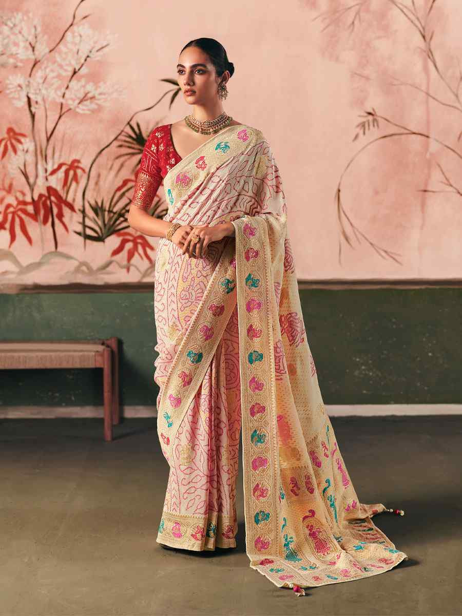 Cream Pure Khaddi Georgette With Designer Bandhej Weaving Zari Handwoven Bridal Reception Festival Wedding Fancy Heavy Border Saree