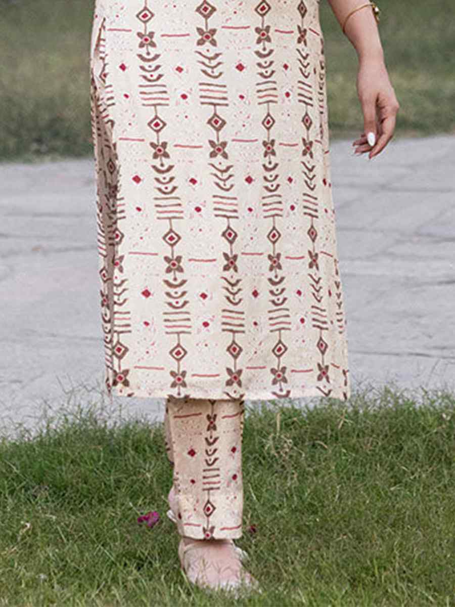 Cream Pure Muslin Printed Festival Casual Kurti