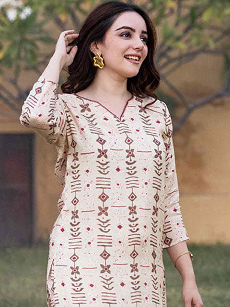 Cream Pure Muslin Printed Festival Casual Kurti