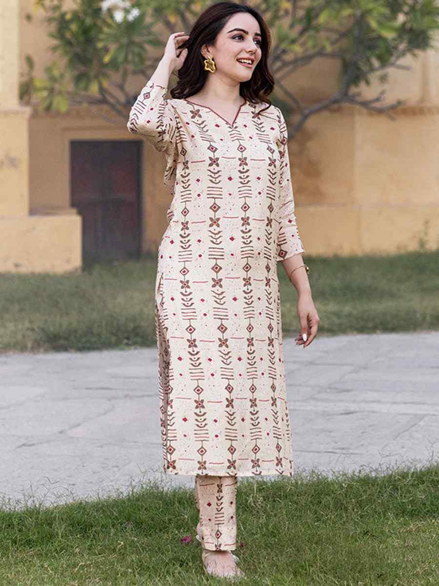 Cream Pure Muslin Printed Festival Casual Kurti