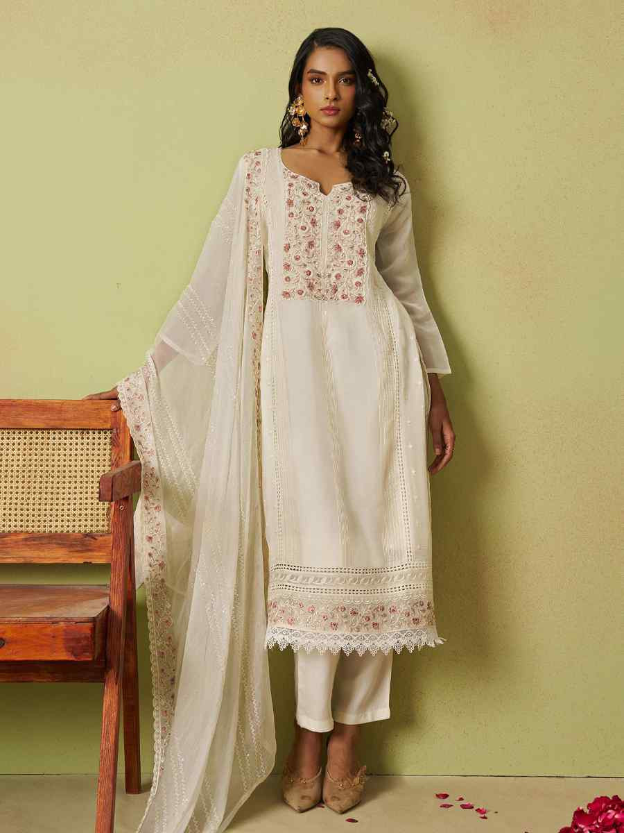 Cream Pure Organza Embroidered Mehendi Wedding Ready Pant Salwar Kameez