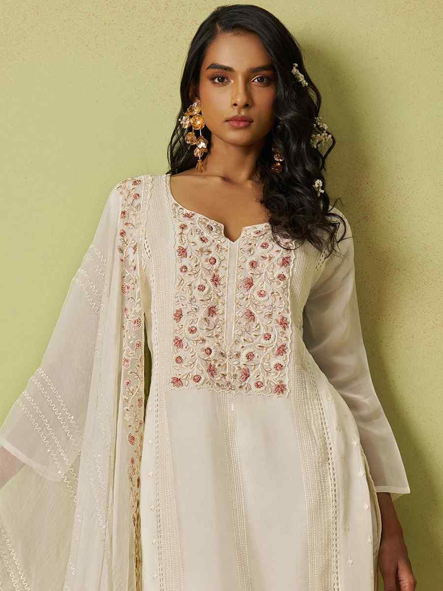 Cream Pure Organza Embroidered Mehendi Wedding Ready Pant Salwar Kameez
