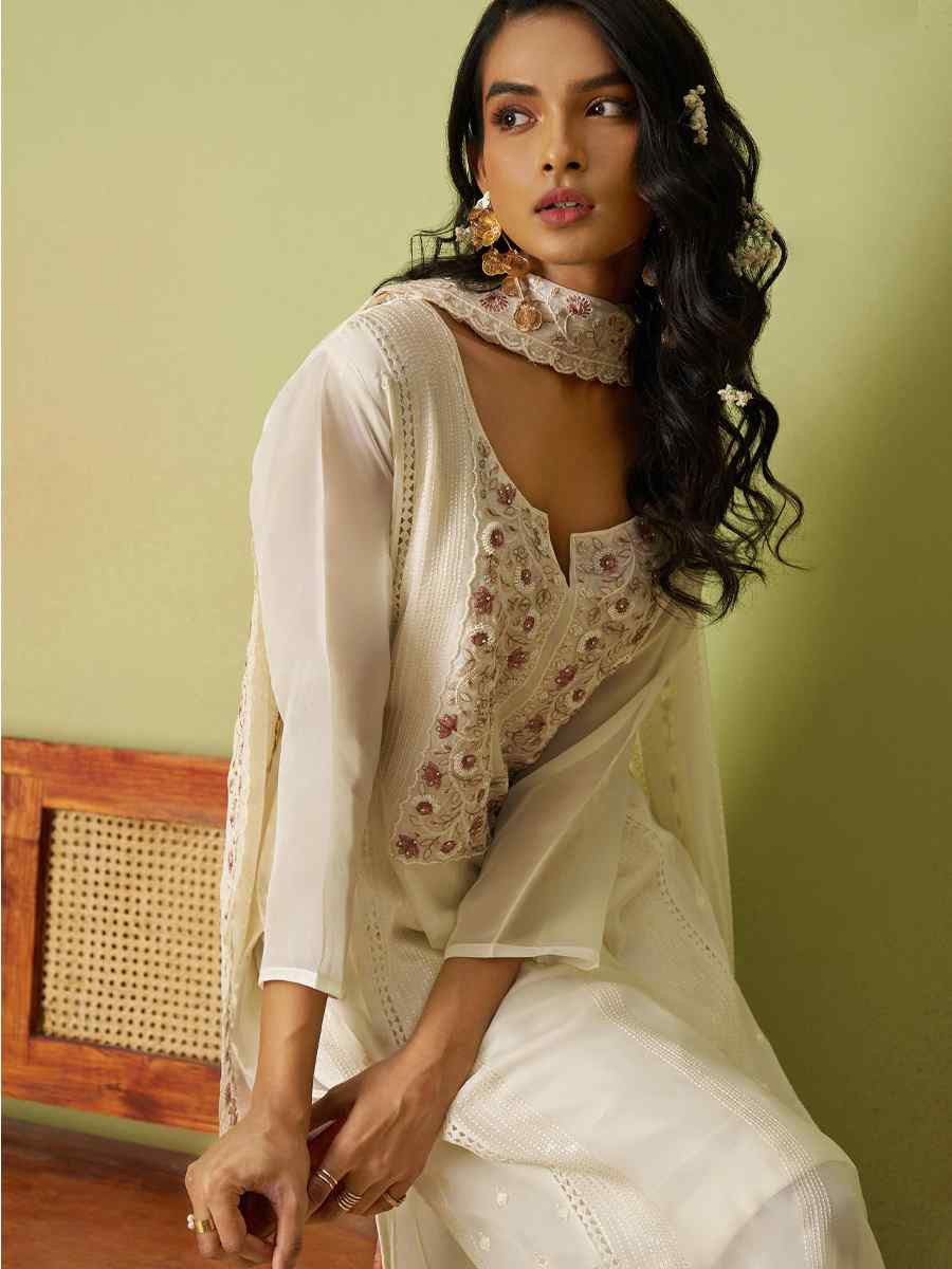 Cream Pure Organza Embroidered Mehendi Wedding Ready Pant Salwar Kameez