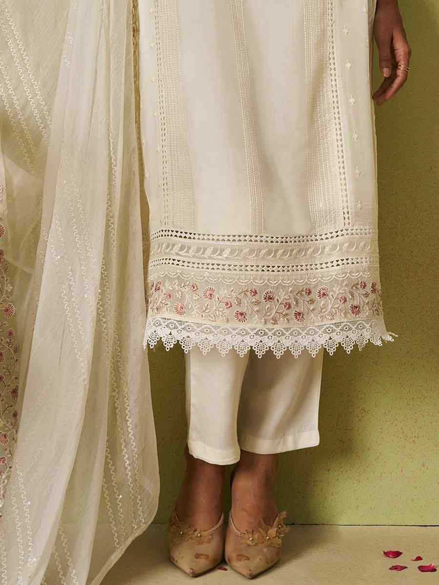 Cream Pure Organza Embroidered Mehendi Wedding Ready Pant Salwar Kameez