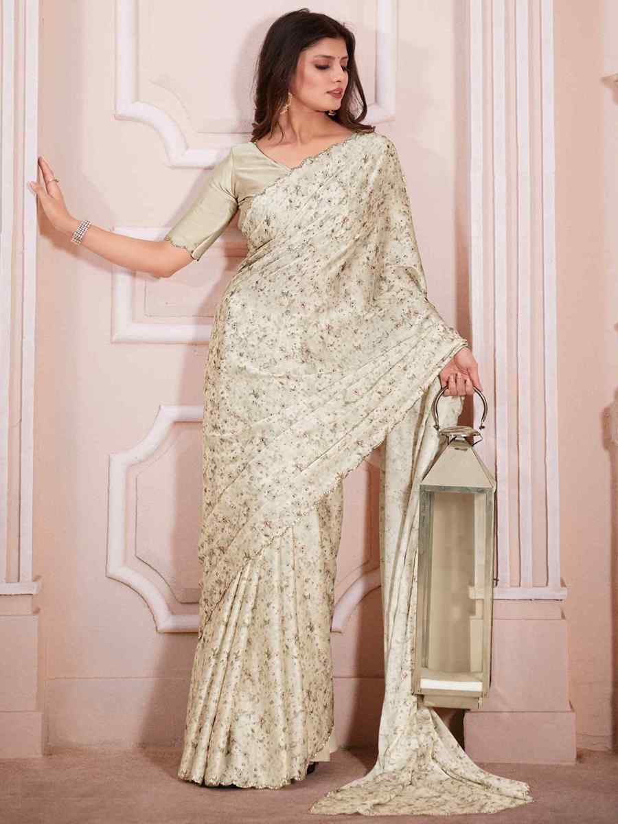 Cream Pure Satin Printed Casual Festival Contemporary Saree