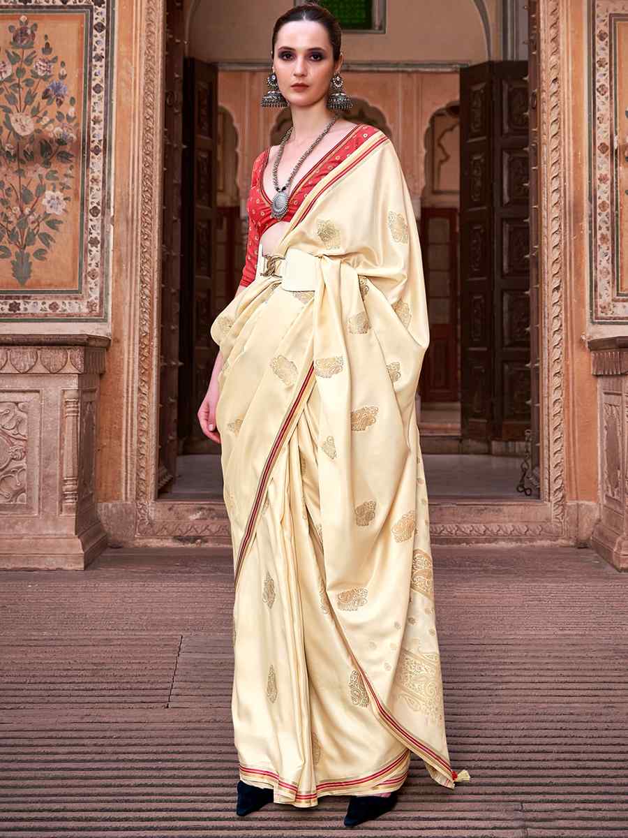 Cream Pure Satin Silk Handwoven Wedding Festival Classic Style Saree