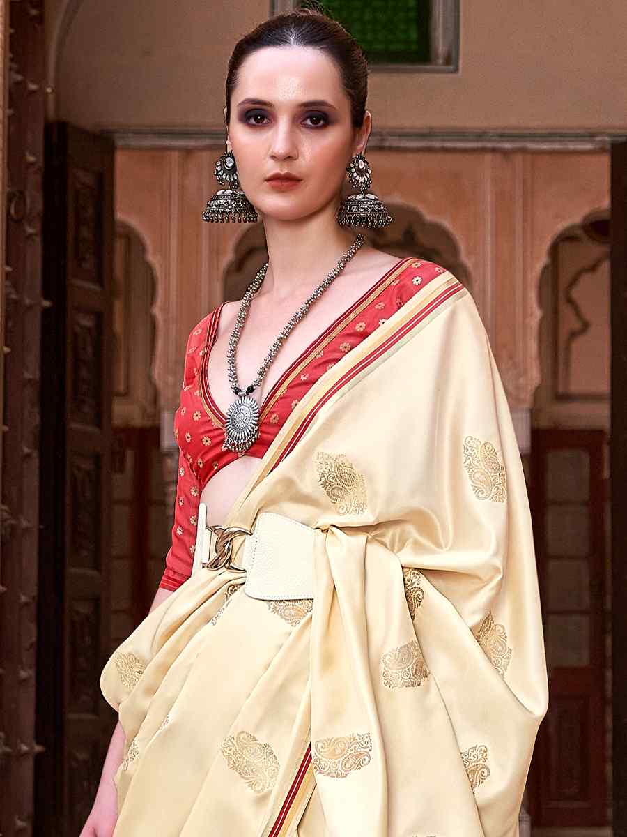 Cream Pure Satin Silk Handwoven Wedding Festival Classic Style Saree