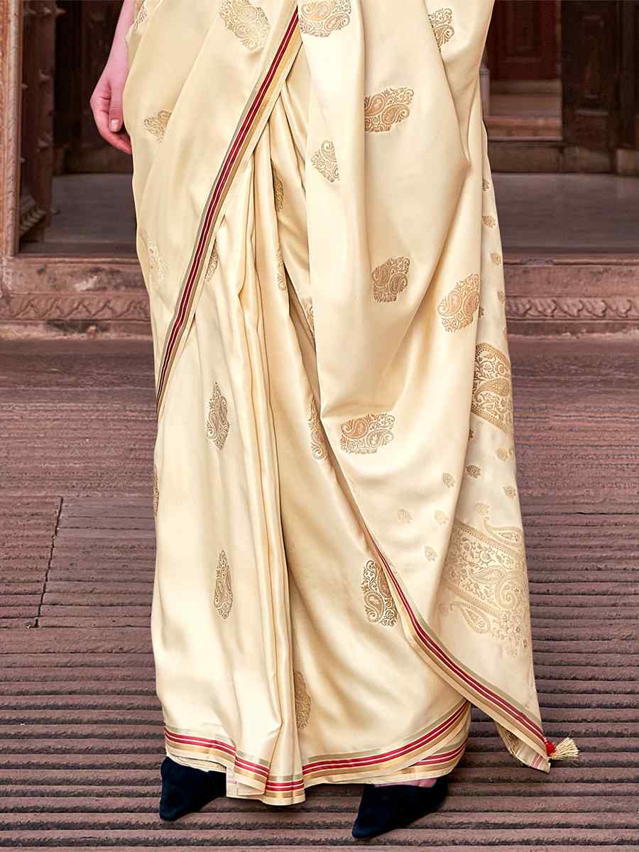 Cream Pure Satin Silk Handwoven Wedding Festival Classic Style Saree
