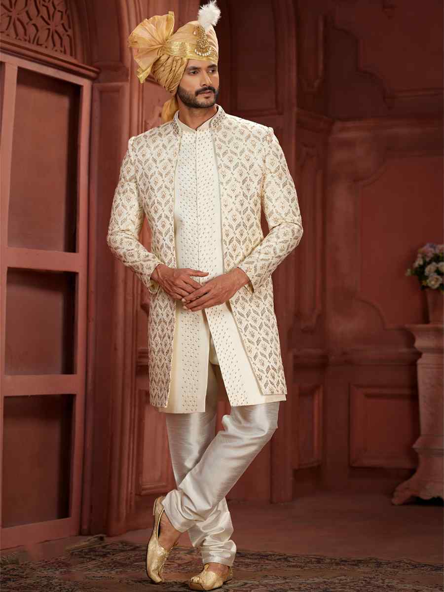 Cream Pure Silk Embroidered Groom Wedding Sherwani