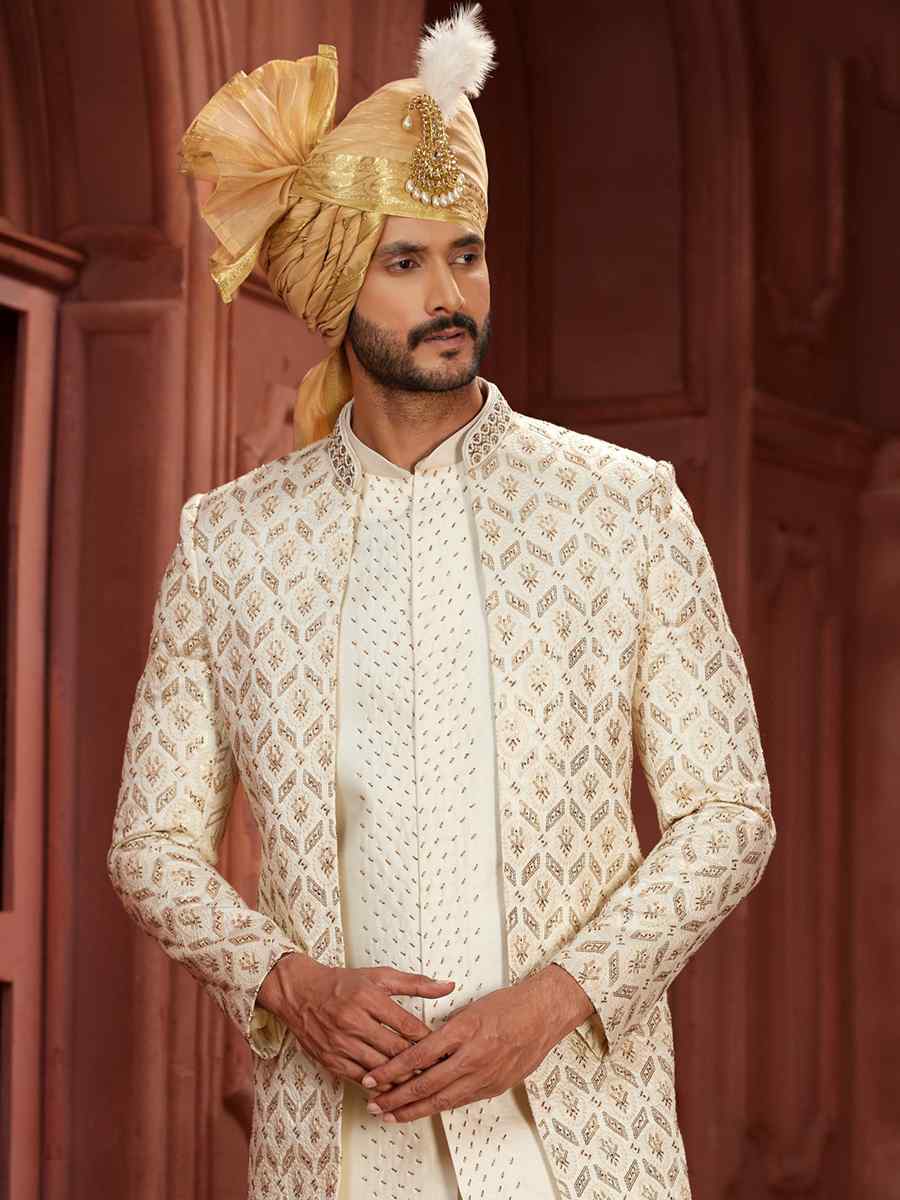 Cream Pure Silk Embroidered Groom Wedding Sherwani