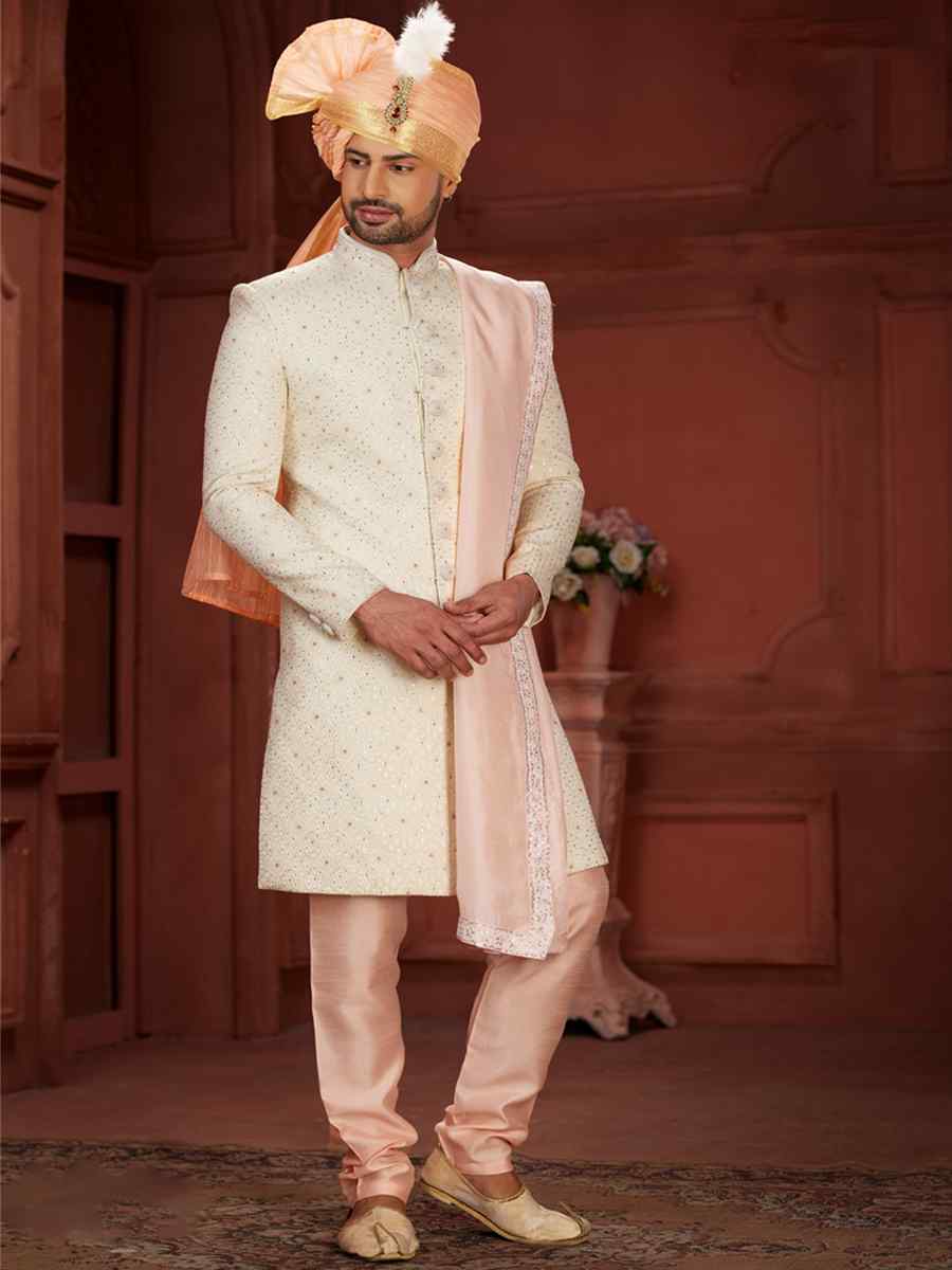 Cream Pure Silk Embroidered Groom Wedding Sherwani