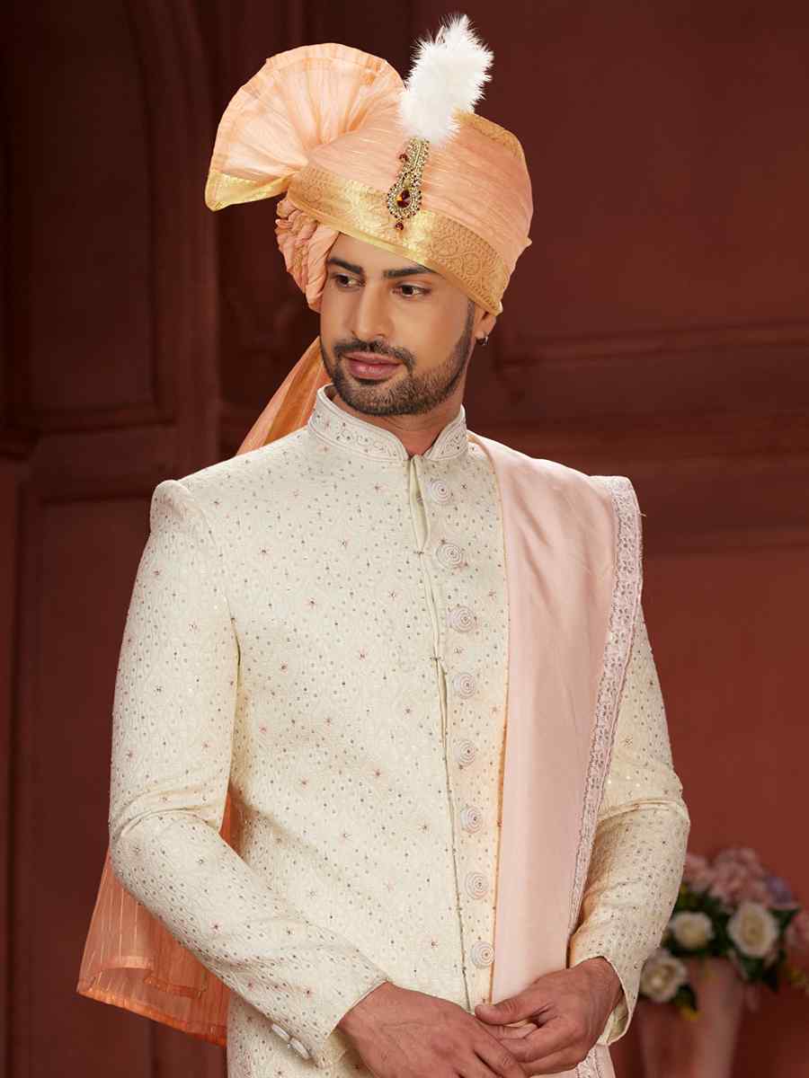 Cream Pure Silk Embroidered Groom Wedding Sherwani