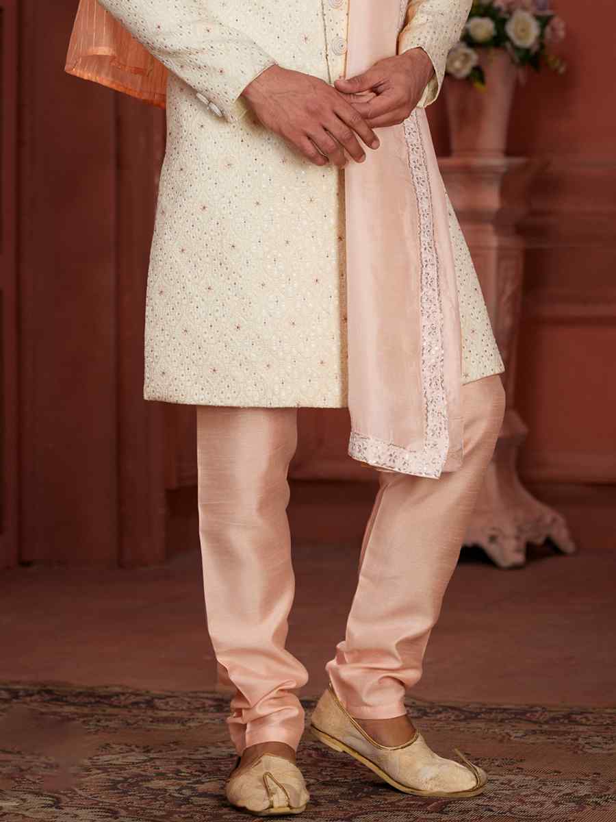 Cream Pure Silk Embroidered Groom Wedding Sherwani