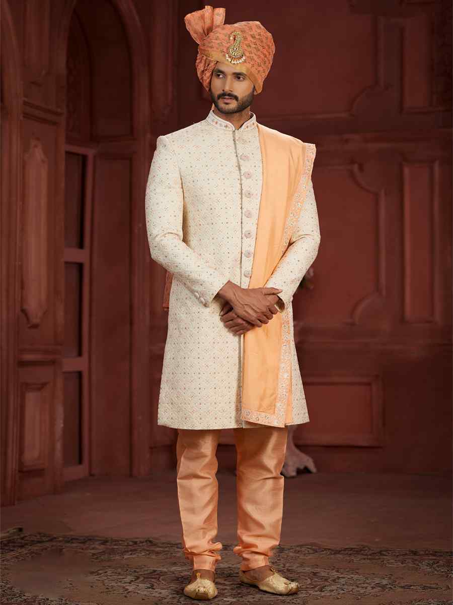 Cream Pure Silk Embroidered Groom Wedding Sherwani