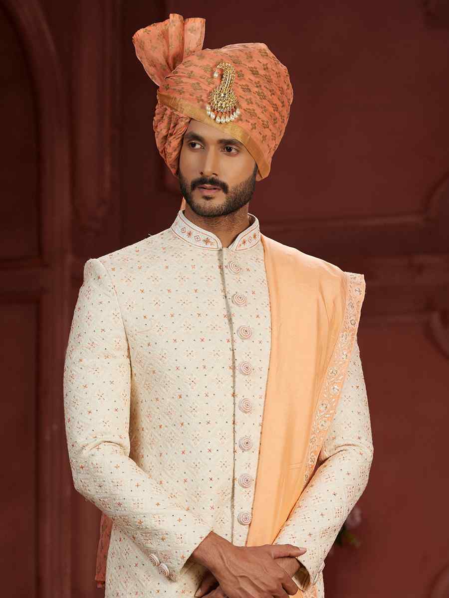 Cream Pure Silk Embroidered Groom Wedding Sherwani