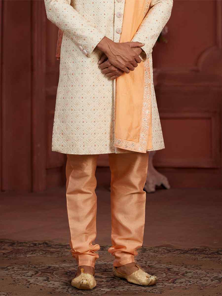 Cream Pure Silk Embroidered Groom Wedding Sherwani