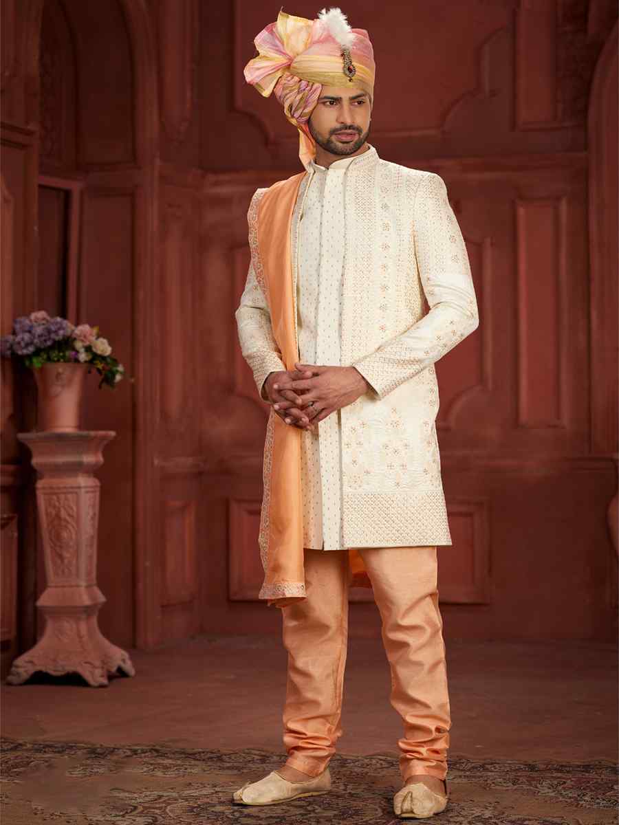 Cream Pure Silk Embroidered Groom Wedding Sherwani