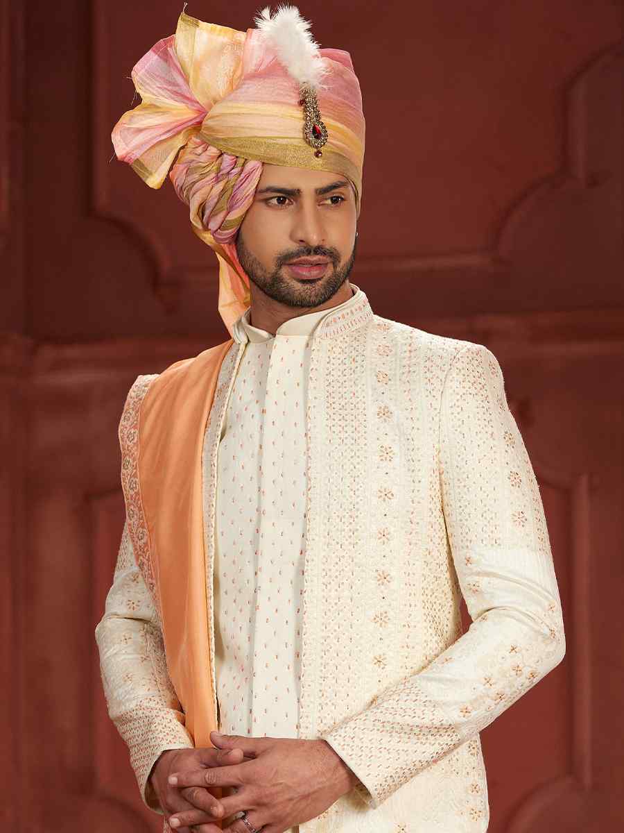 Cream Pure Silk Embroidered Groom Wedding Sherwani