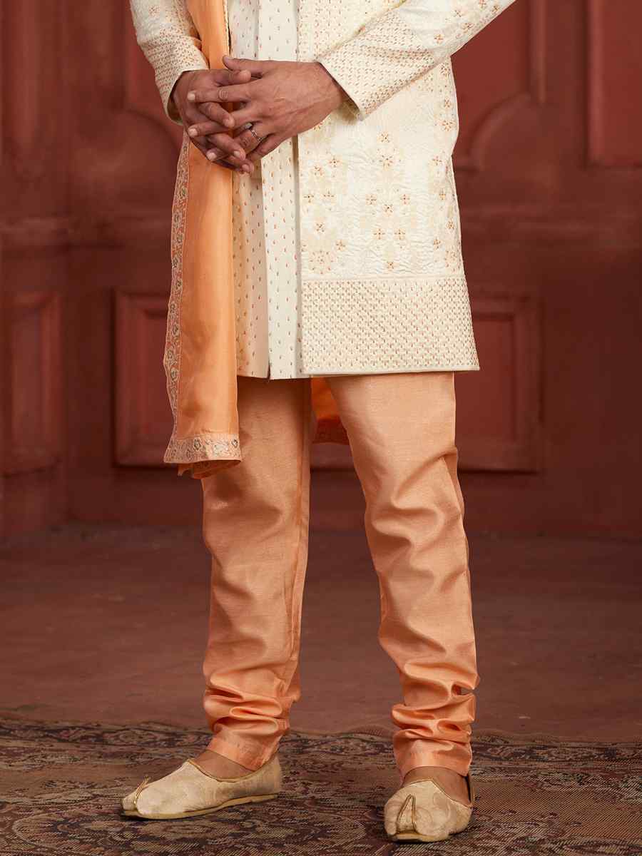 Cream Pure Silk Embroidered Groom Wedding Sherwani