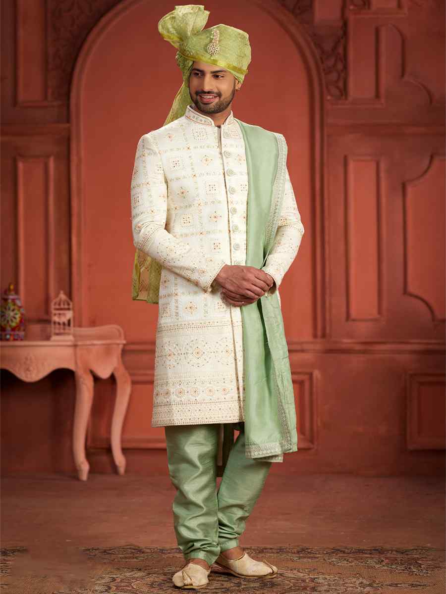 Cream Pure Silk Embroidered Groom Wedding Sherwani