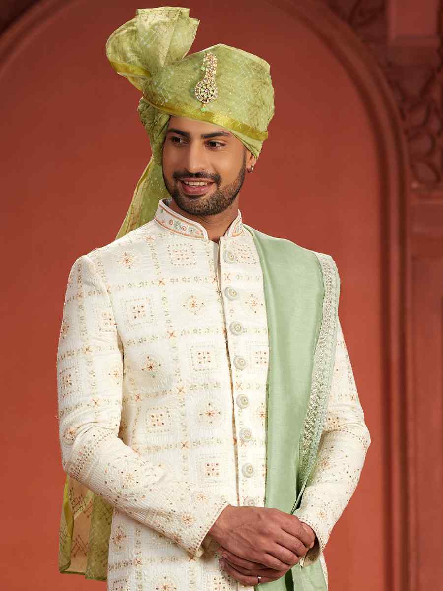 Cream Pure Silk Embroidered Groom Wedding Sherwani
