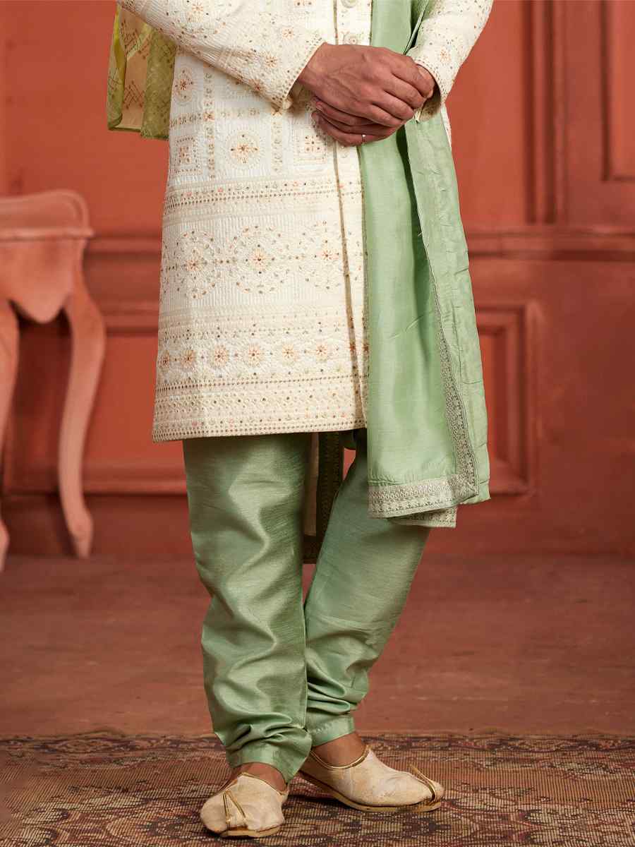 Cream Pure Silk Embroidered Groom Wedding Sherwani