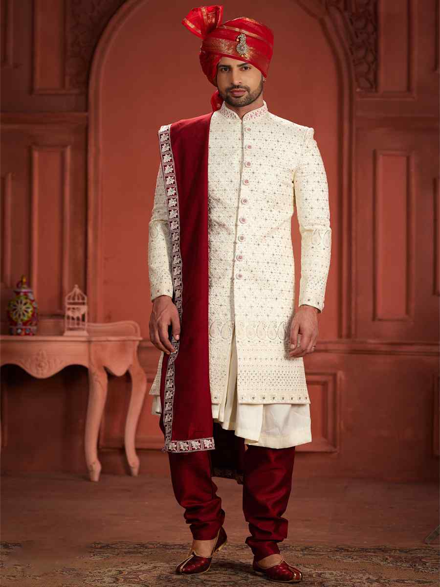 Cream Pure Silk Embroidered Groom Wedding Sherwani
