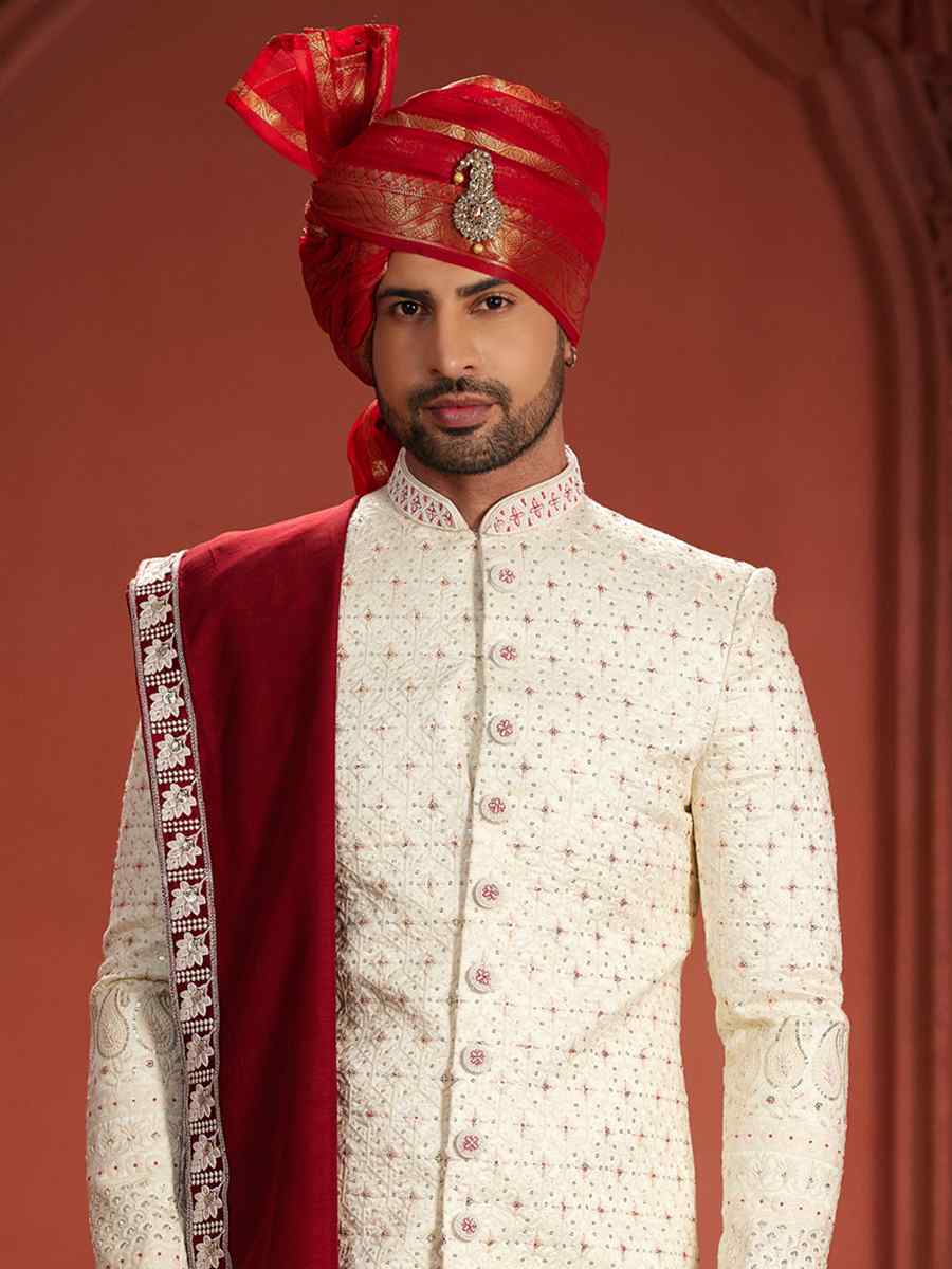 Cream Pure Silk Embroidered Groom Wedding Sherwani