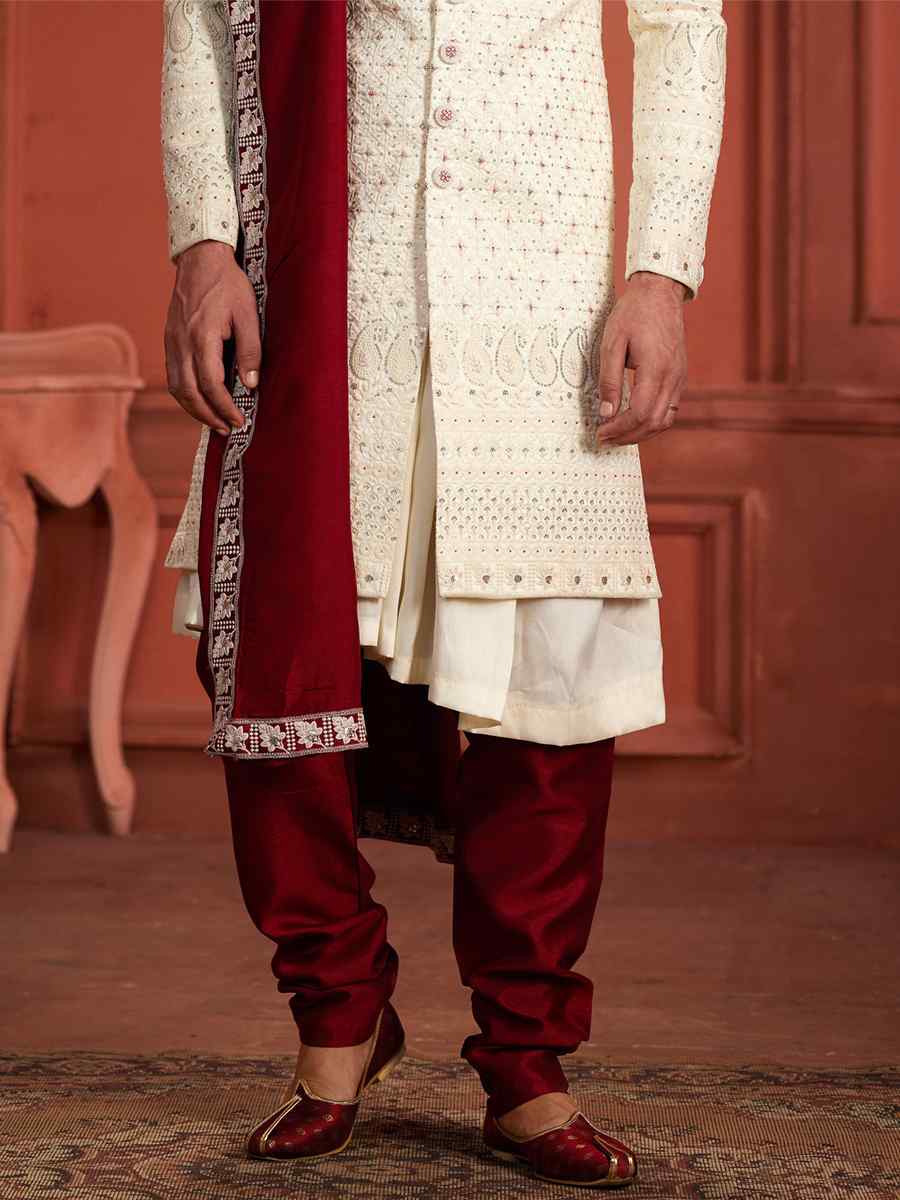 Cream Pure Silk Embroidered Groom Wedding Sherwani