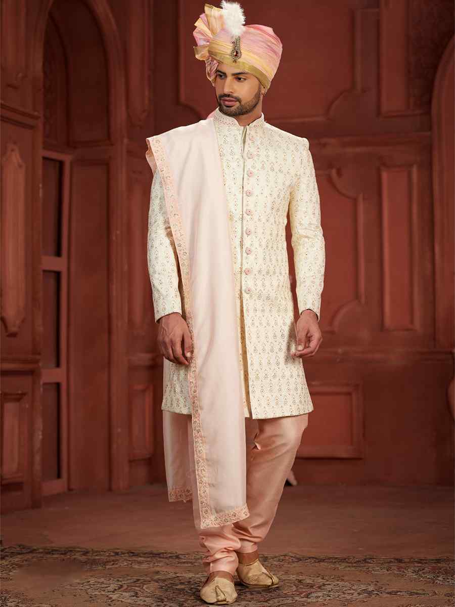 Cream Pure Silk Embroidered Groom Wedding Sherwani