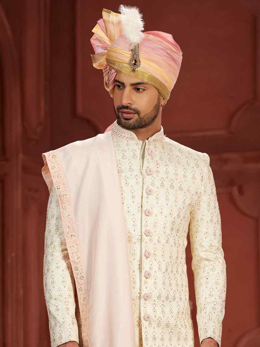 Cream Pure Silk Embroidered Groom Wedding Sherwani