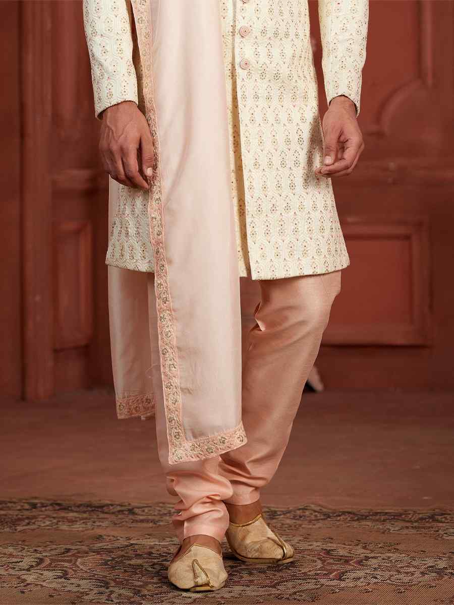 Cream Pure Silk Embroidered Groom Wedding Sherwani