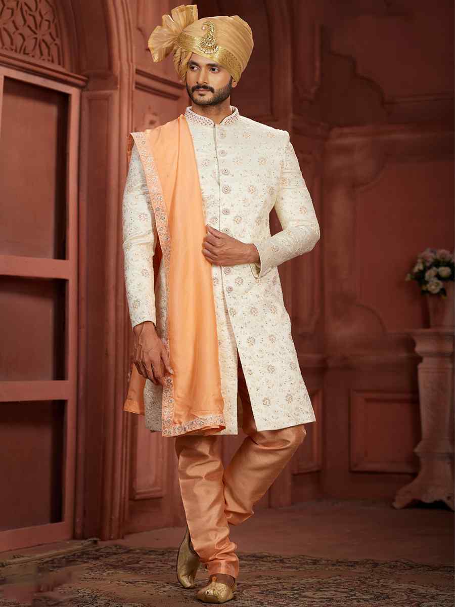 Cream Pure Silk Embroidered Groom Wedding Sherwani