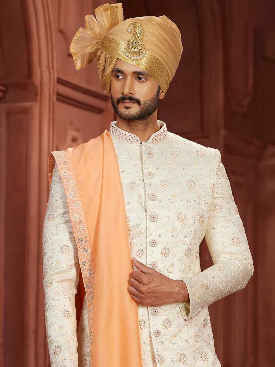 Cream Pure Silk Embroidered Groom Wedding Sherwani