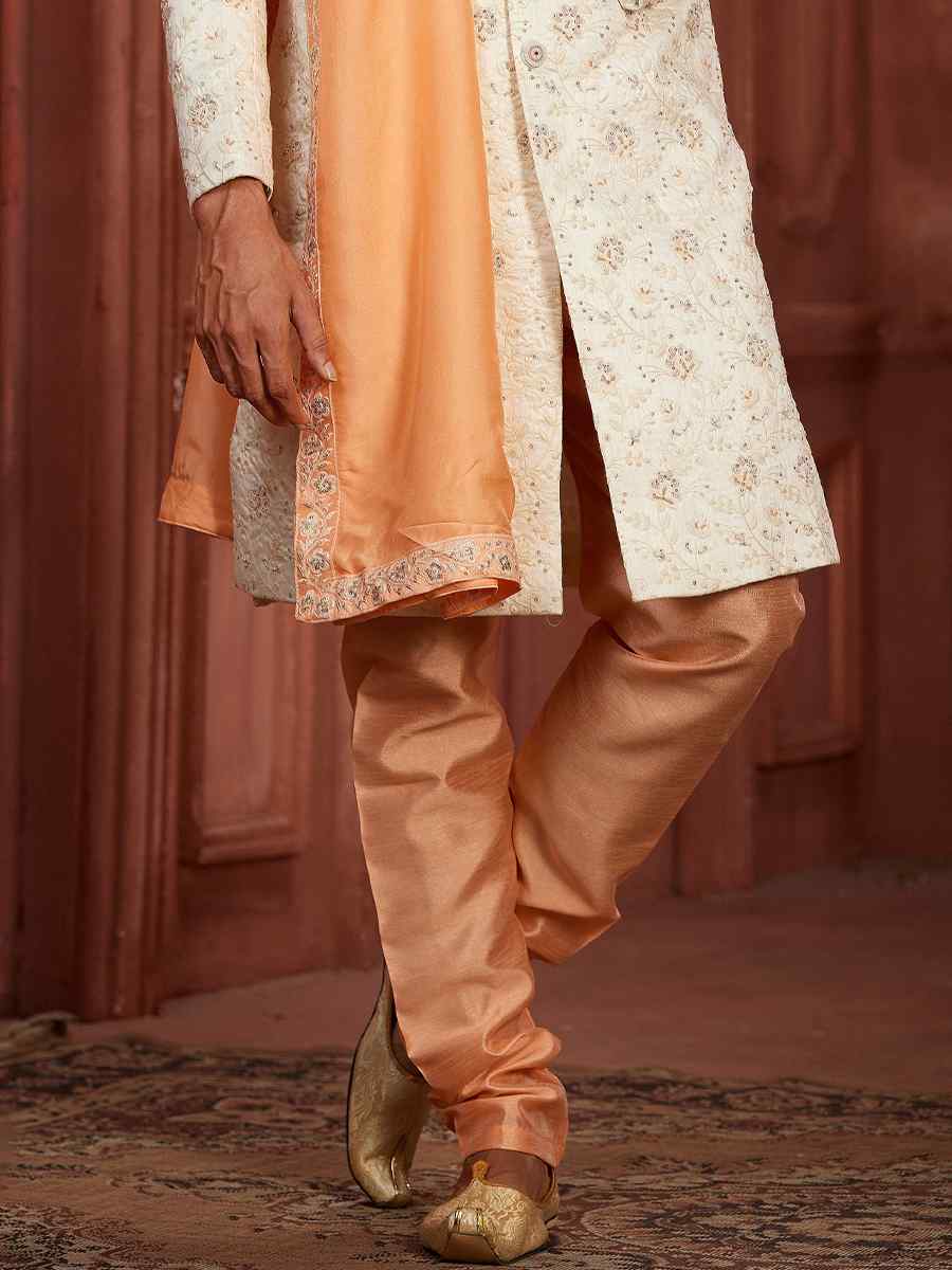 Cream Pure Silk Embroidered Groom Wedding Sherwani