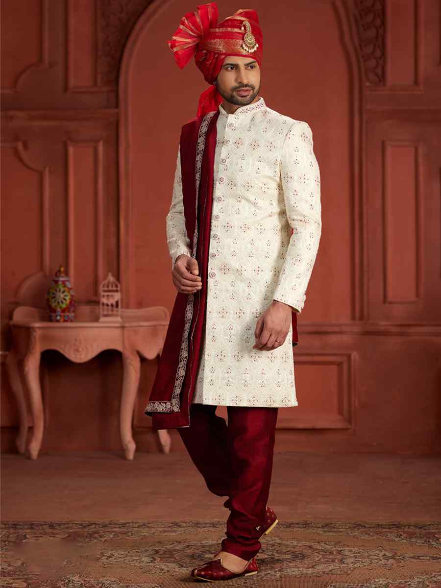 Cream Pure Silk Embroidered Groom Wedding Sherwani