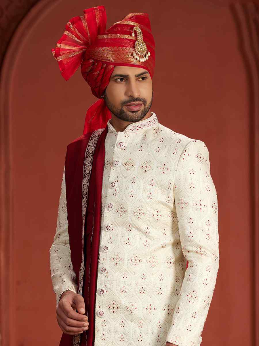 Cream Pure Silk Embroidered Groom Wedding Sherwani