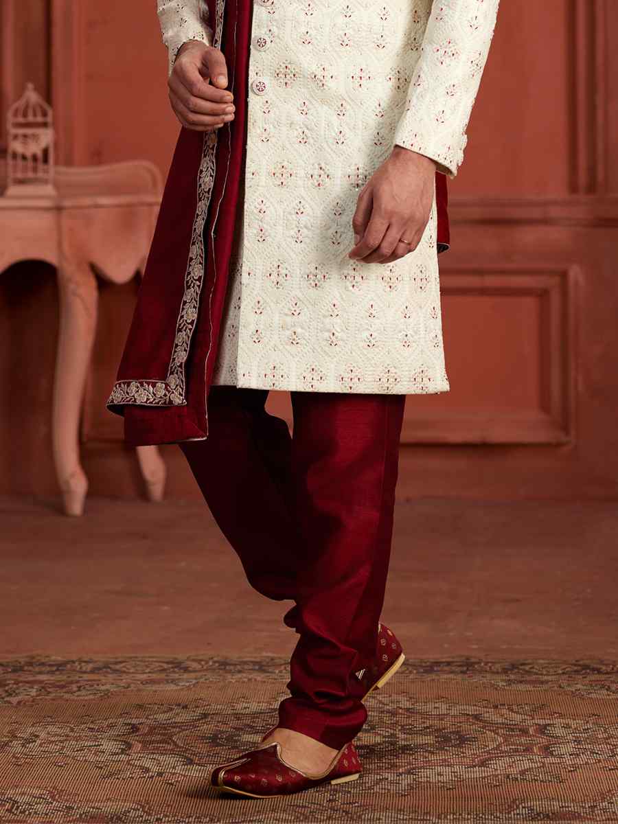 Cream Pure Silk Embroidered Groom Wedding Sherwani