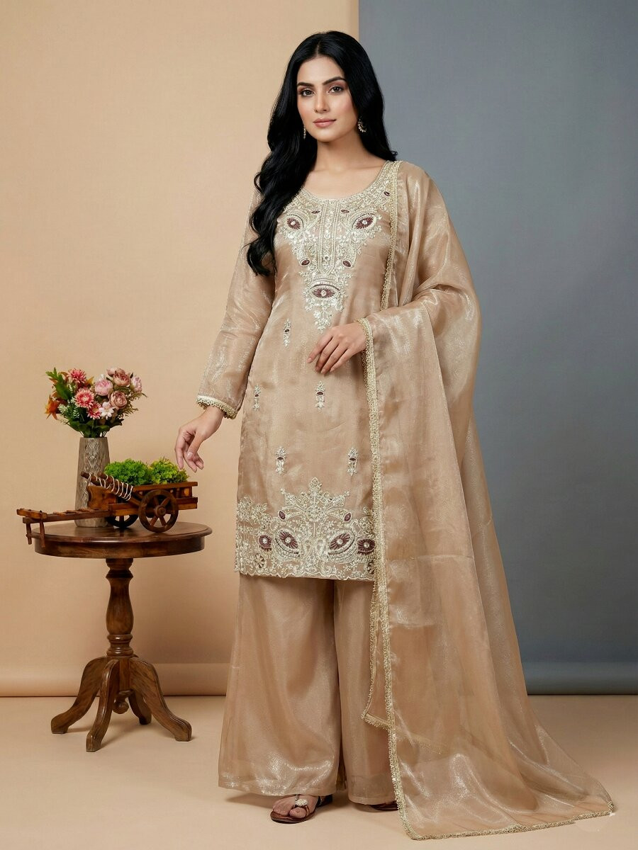 Cream Pure Silk Embroidery Sequins Zari Party Wedding Engagement Festival Ready Palazzo Pant Salwar Kameez