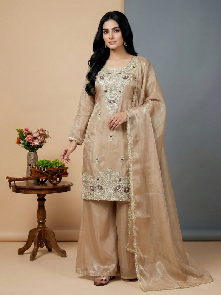 Image of Cream Pure Silk Embroidery Sequins Zari Party Wedding Engagement Festival Ready Palazzo Pant Salwar Kameez