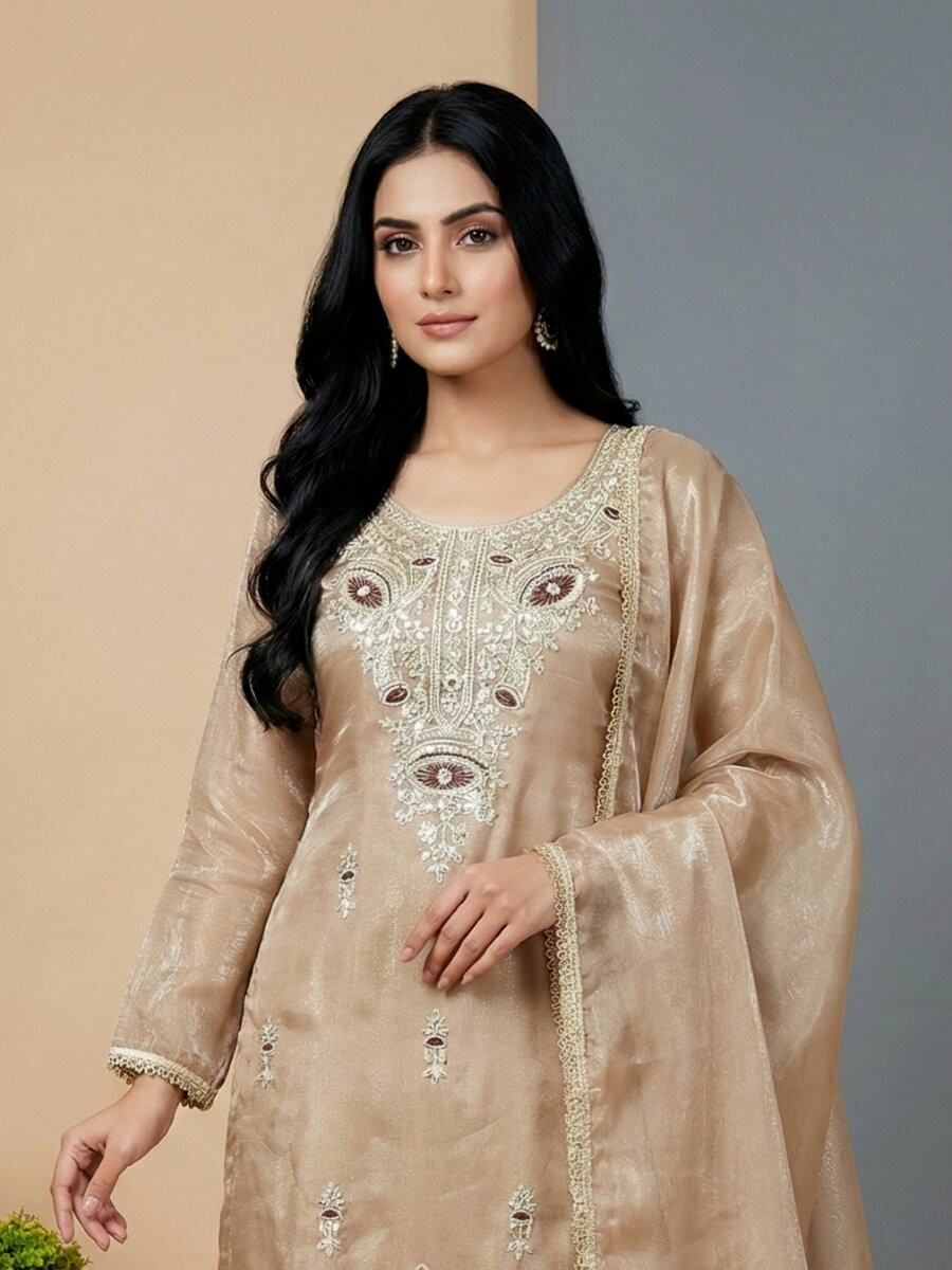 Cream Pure Silk Embroidery Sequins Zari Party Wedding Engagement Festival Ready Palazzo Pant Salwar Kameez