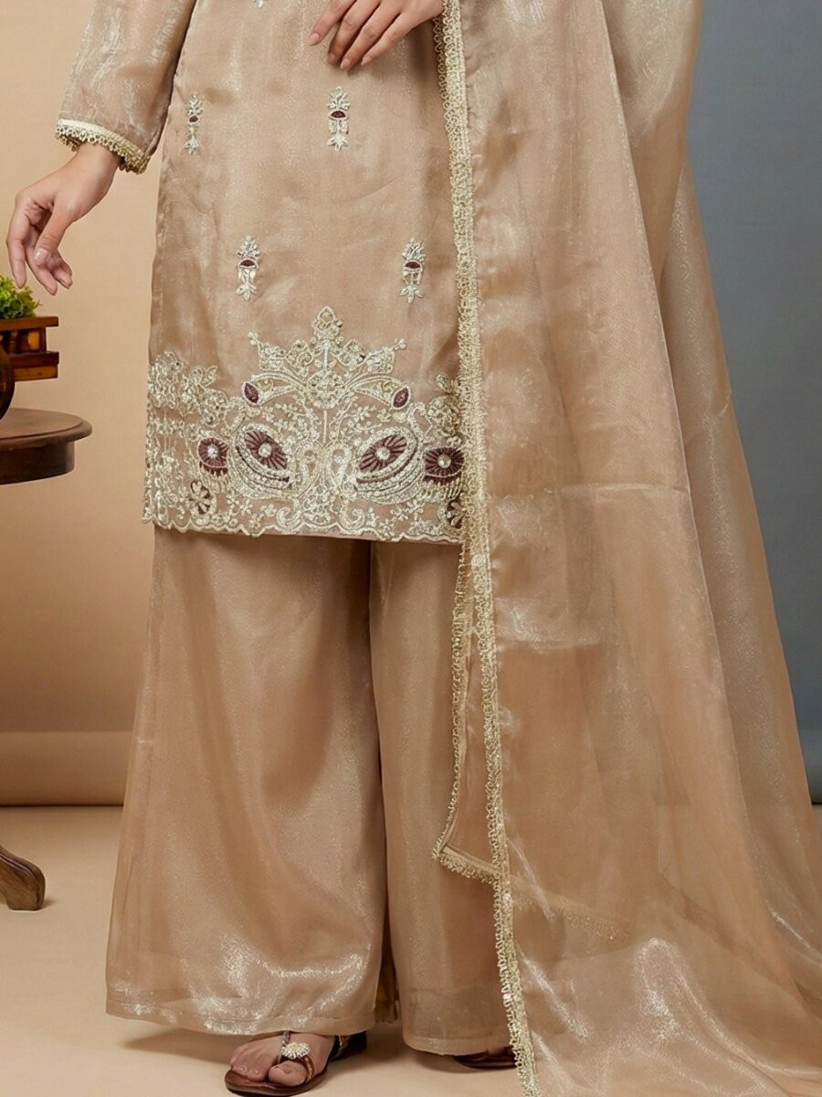 Cream Pure Silk Embroidery Sequins Zari Party Wedding Engagement Festival Ready Palazzo Pant Salwar Kameez